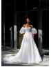 Strapless Beaded White Organza Wedding Dress With Detachable Puffy Sleeves